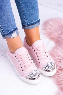 Boto Trampki Damskie Niskie*Lu Boo Trampki z Błyszczącymi Kryształami Pudrowy Róż