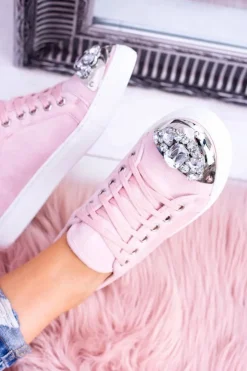 Boto Trampki Damskie Niskie*Lu Boo Trampki z Błyszczącymi Kryształami Pudrowy Róż