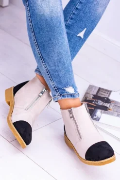 Boto Brązowe I Beżowe Botki|Botki Płaskie*Lu Boo Zamszowe Beżowe Botki Z Suwakami Inez