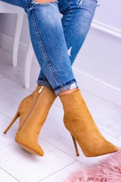 Damskie Boto Lu Boo Zamszowe Botki na Szpilce Camel Veneci