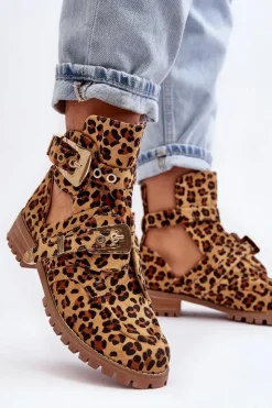 Boto Brązowe I Beżowe Botki|Botki Płaskie*Lu Boo Zamszowe Botki Z Wycięciami Panterka Rock Girl Brązowy