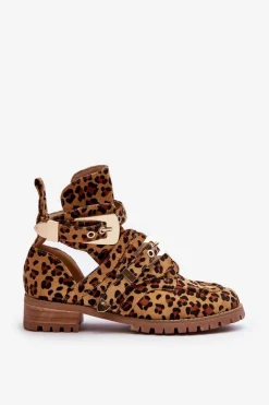 Boto Brązowe I Beżowe Botki|Botki Płaskie*Lu Boo Zamszowe Botki Z Wycięciami Panterka Rock Girl Brązowy