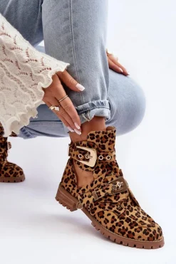 Boto Brązowe I Beżowe Botki|Botki Płaskie*Lu Boo Zamszowe Botki Z Wycięciami Panterka Rock Girl Brązowy