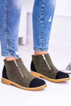 Hot Boto Lu Boo Zamszowe Oliwkowe Botki Z Suwakami Inez