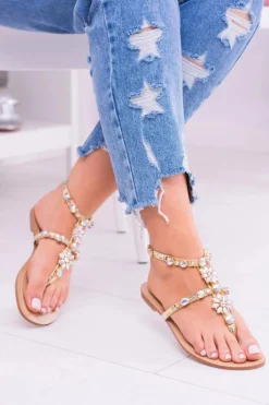 Boto Sandały Płaskie*Lu Boo Złote Damskie Sandałki Z Cyrkoniami Venice