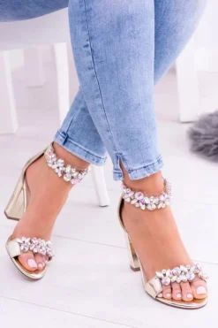 Boto Sandały Na Obcasie*Lu Boo Złote Lustrzane Sandały Cyrkonie Lambada