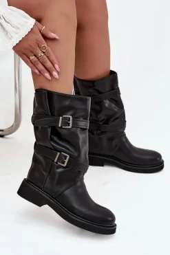 Hot Boto Marszczone Kozaki Damskie Do Połowy Łyski Z Paskami I Klamrami Czarne Halvessa Czarny