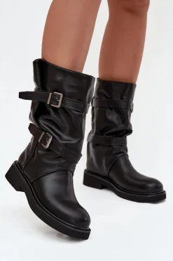 Hot Boto Marszczone Kozaki Damskie Do Połowy Łyski Z Paskami I Klamrami Czarne Halvessa Czarny