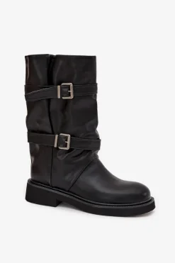 Hot Boto Marszczone Kozaki Damskie Do Połowy Łyski Z Paskami I Klamrami Czarne Halvessa Czarny