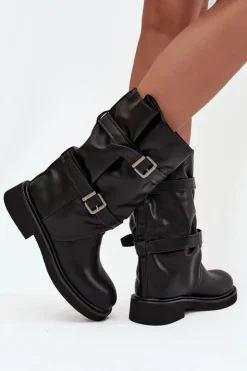 Hot Boto Marszczone Kozaki Damskie Do Połowy Łyski Z Paskami I Klamrami Czarne Halvessa Czarny