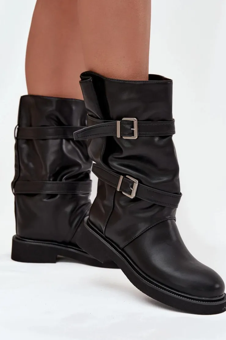 Hot Boto Marszczone Kozaki Damskie Do Połowy Łyski Z Paskami I Klamrami Czarne Halvessa Czarny