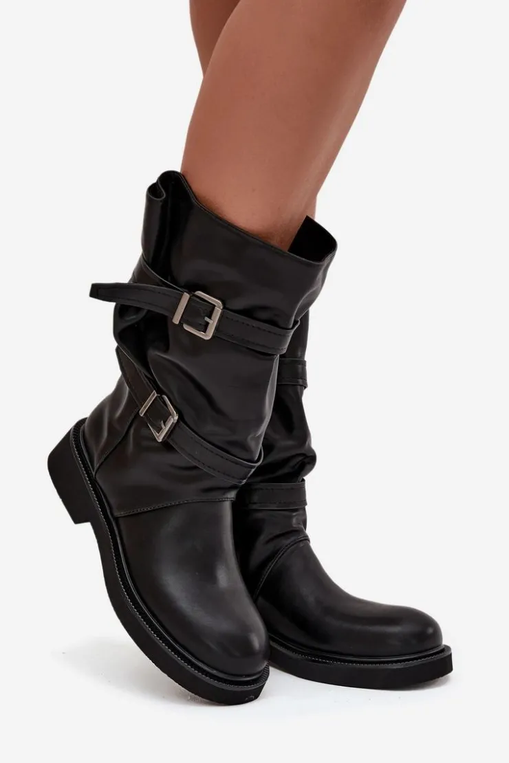 Hot Boto Marszczone Kozaki Damskie Do Połowy Łyski Z Paskami I Klamrami Czarne Halvessa Czarny