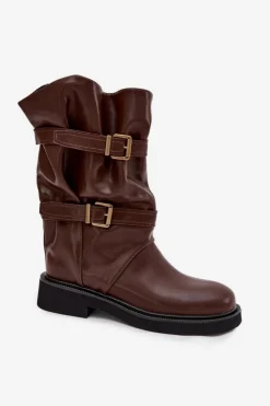 Boto Kozaki Ocieplane|Kozaki Płaskie*Marszczone Kozaki Damskie Do Połowy Łyski Z Paskami I Klamrami Brązowe Halvessa Brązowy