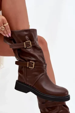 Boto Kozaki Ocieplane|Kozaki Płaskie*Marszczone Kozaki Damskie Do Połowy Łyski Z Paskami I Klamrami Brązowe Halvessa Brązowy