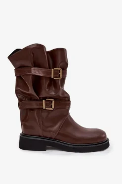 Boto Kozaki Ocieplane|Kozaki Płaskie*Marszczone Kozaki Damskie Do Połowy Łyski Z Paskami I Klamrami Brązowe Halvessa Brązowy
