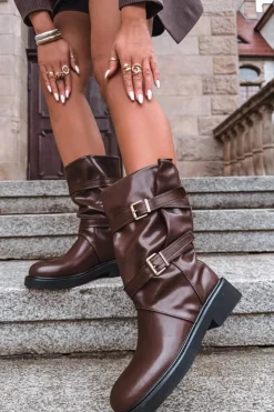 Boto Kozaki Ocieplane|Kozaki Płaskie*Marszczone Kozaki Damskie Do Połowy Łyski Z Paskami I Klamrami Brązowe Halvessa Brązowy