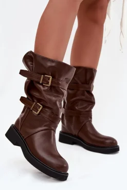 Boto Kozaki Ocieplane|Kozaki Płaskie*Marszczone Kozaki Damskie Do Połowy Łyski Z Paskami I Klamrami Brązowe Halvessa Brązowy