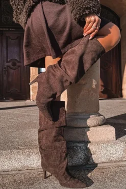 Damskie Boto Marszczone Kozaki Na Szpilce Z Eko Zamszu Ocieplane Czekoladowe Mavella