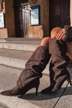 Damskie Boto Marszczone Kozaki Na Szpilce Z Eko Zamszu Ocieplane Czekoladowe Mavella