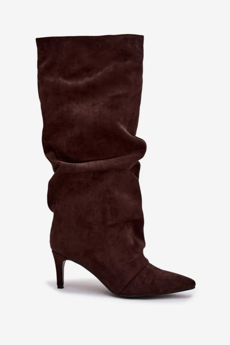Damskie Boto Marszczone Kozaki Na Szpilce Z Eko Zamszu Ocieplane Czekoladowe Mavella