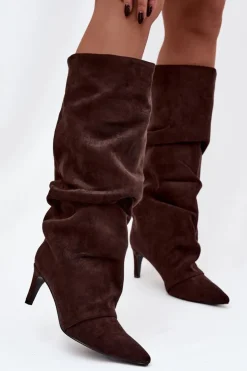 Damskie Boto Marszczone Kozaki Na Szpilce Z Eko Zamszu Ocieplane Czekoladowe Mavella