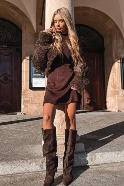 Damskie Boto Marszczone Kozaki Na Szpilce Z Eko Zamszu Ocieplane Czekoladowe Mavella