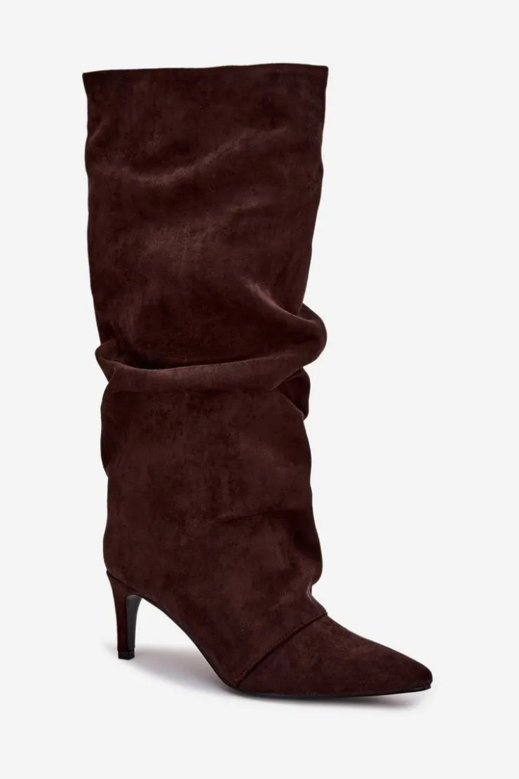 Damskie Boto Marszczone Kozaki Na Szpilce Z Eko Zamszu Ocieplane Czekoladowe Mavella