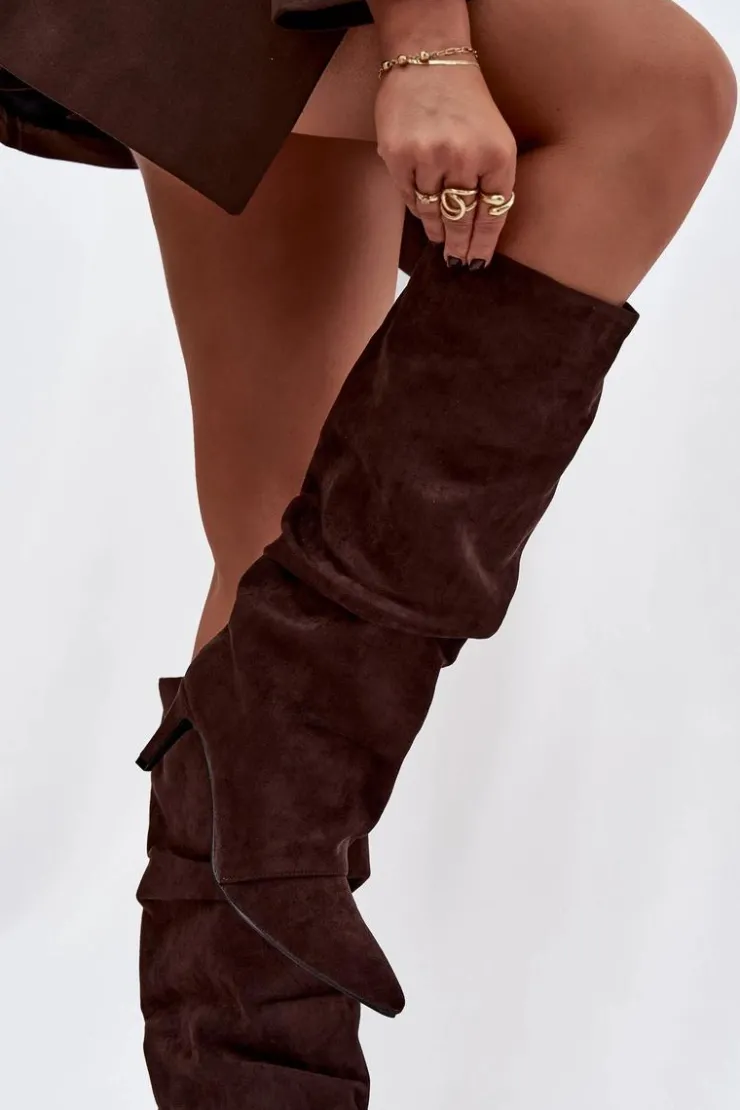 Damskie Boto Marszczone Kozaki Na Szpilce Z Eko Zamszu Ocieplane Czekoladowe Mavella