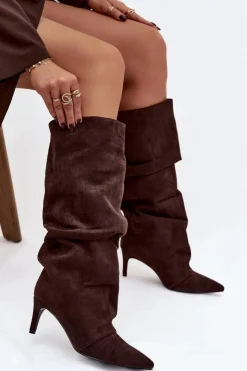 Damskie Boto Marszczone Kozaki Na Szpilce Z Eko Zamszu Ocieplane Czekoladowe Mavella
