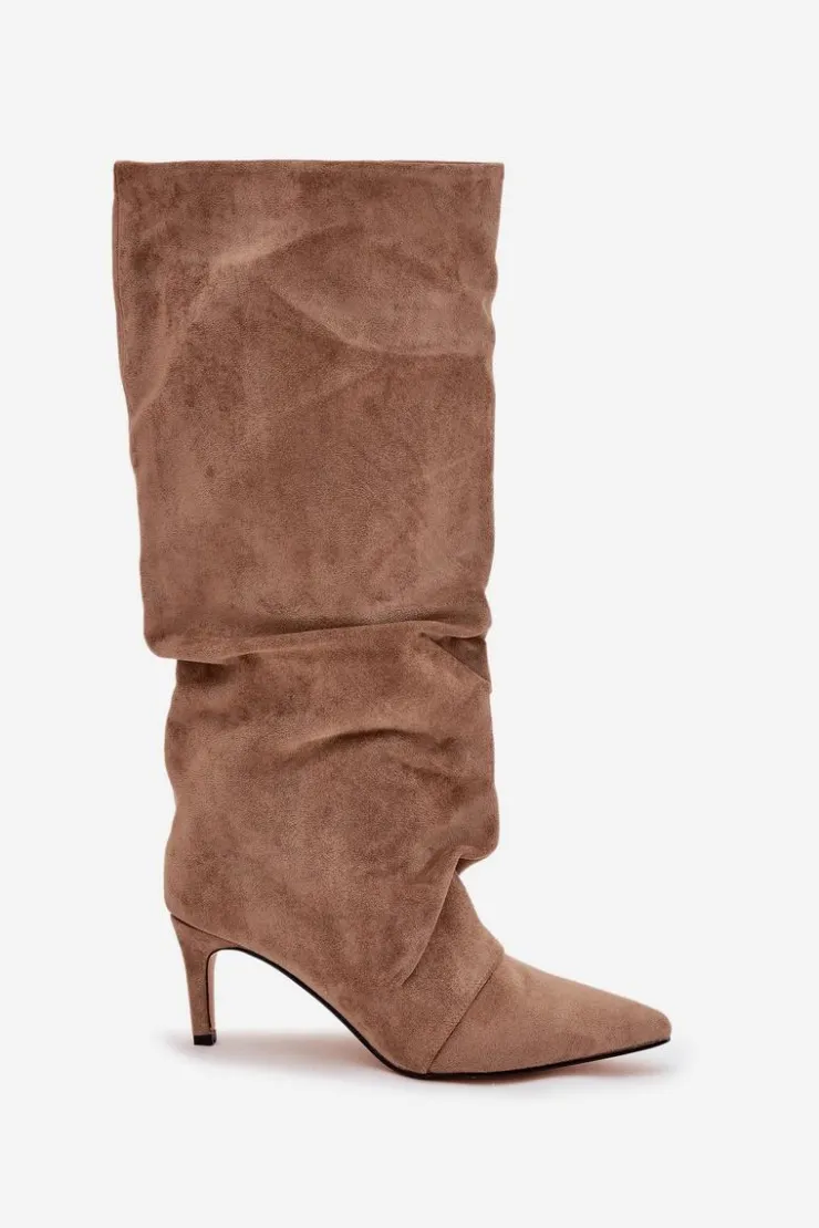 Boto Marszczone Kozaki Na Szpilce Z Eko Zamszu Ocieplane Beżowe Mavella Beżowy