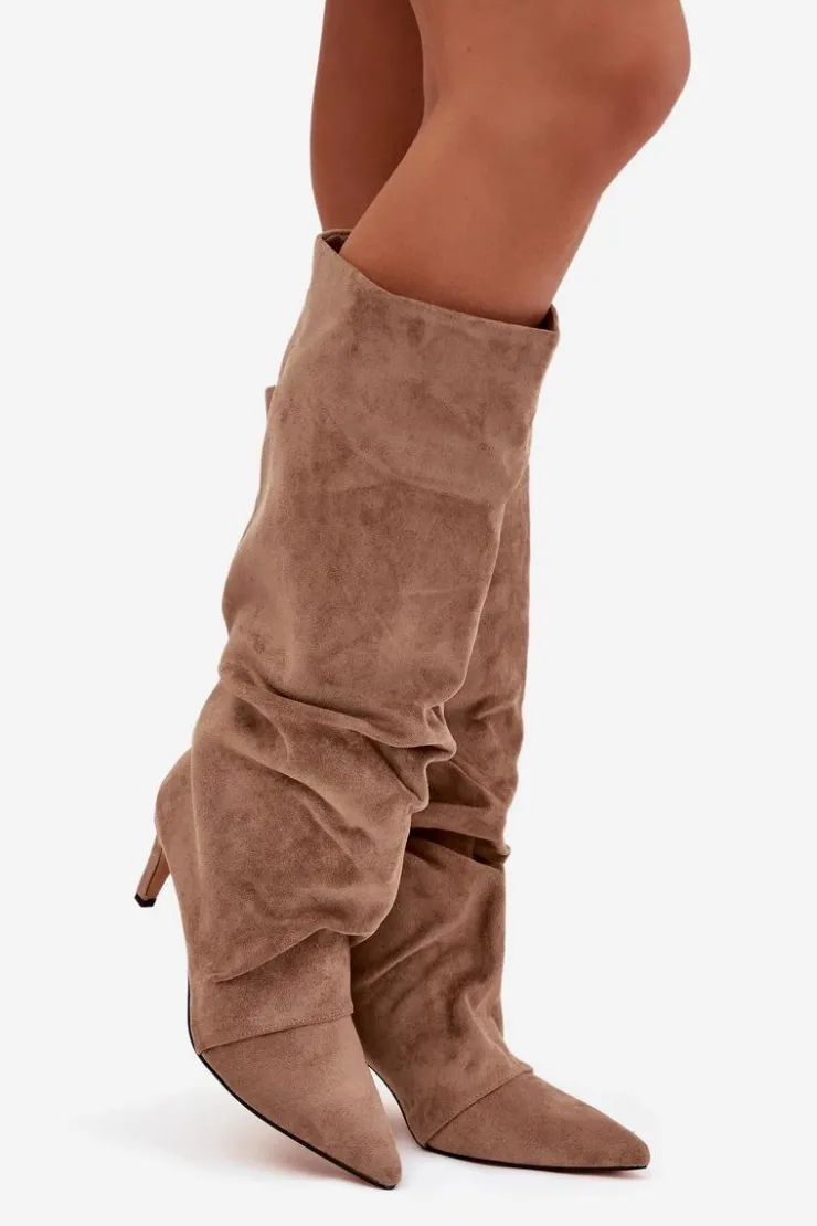 Boto Marszczone Kozaki Na Szpilce Z Eko Zamszu Ocieplane Beżowe Mavella Beżowy