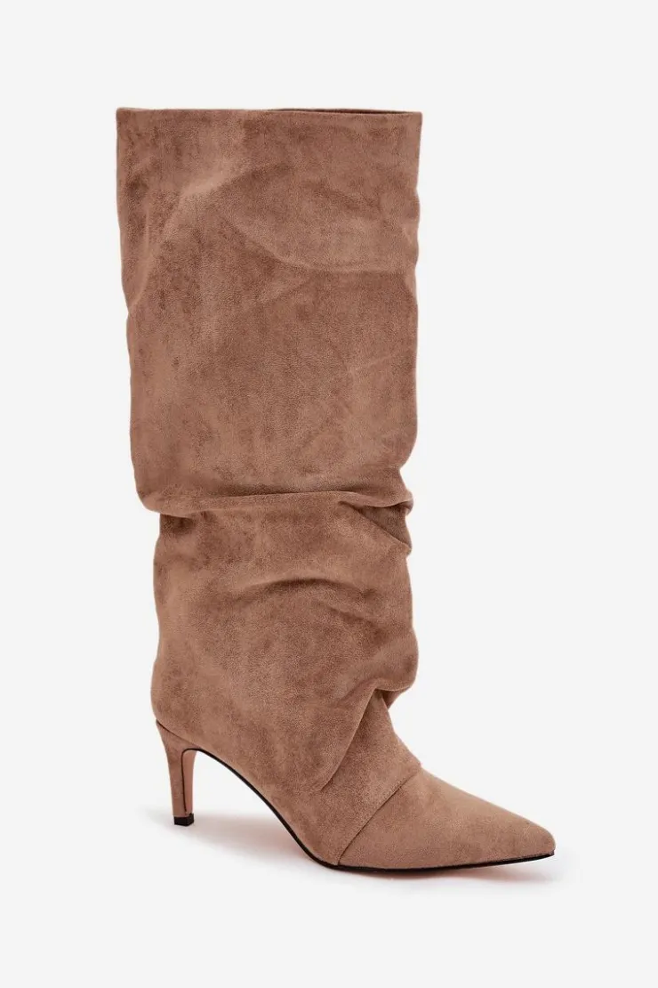 Boto Marszczone Kozaki Na Szpilce Z Eko Zamszu Ocieplane Beżowe Mavella Beżowy