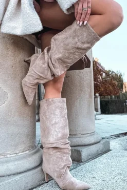 Boto Marszczone Kozaki Na Szpilce Z Eko Zamszu Ocieplane Beżowe Mavella Beżowy