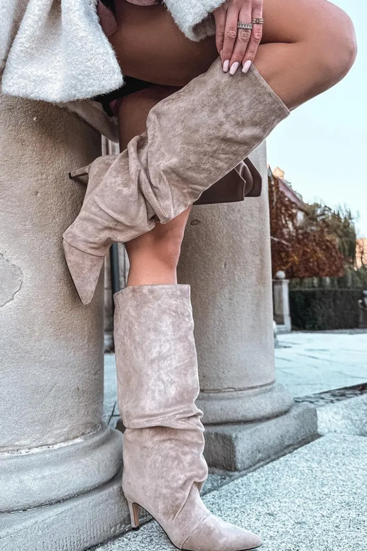 Boto Marszczone Kozaki Na Szpilce Z Eko Zamszu Ocieplane Beżowe Mavella Beżowy