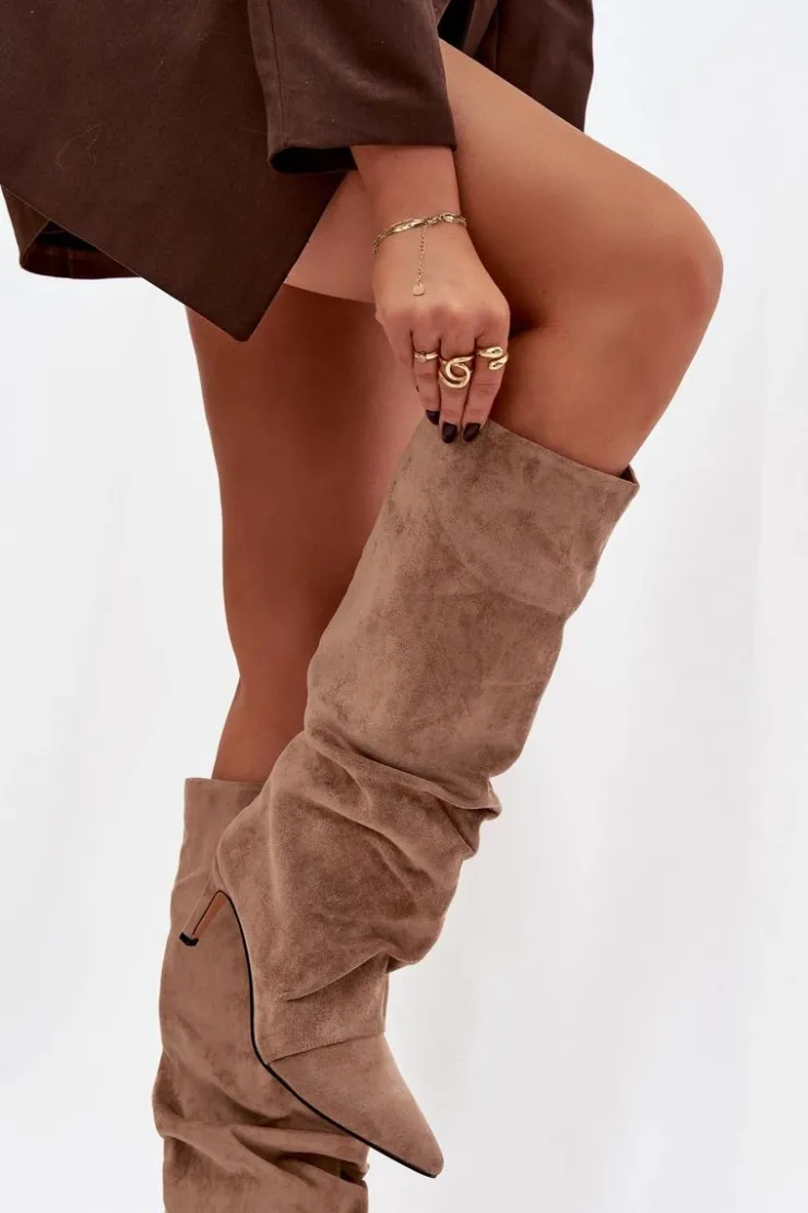 Boto Marszczone Kozaki Na Szpilce Z Eko Zamszu Ocieplane Beżowe Mavella Beżowy