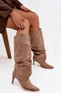 Boto Marszczone Kozaki Na Szpilce Z Eko Zamszu Ocieplane Beżowe Mavella Beżowy