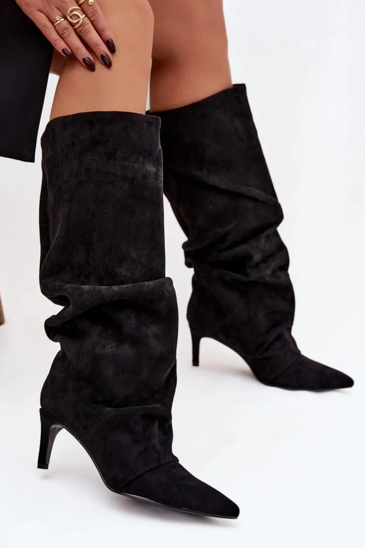 Damskie Boto Marszczone Kozaki Na Szpilce Z Eko Zamszu Ocieplane Czarne Mavella