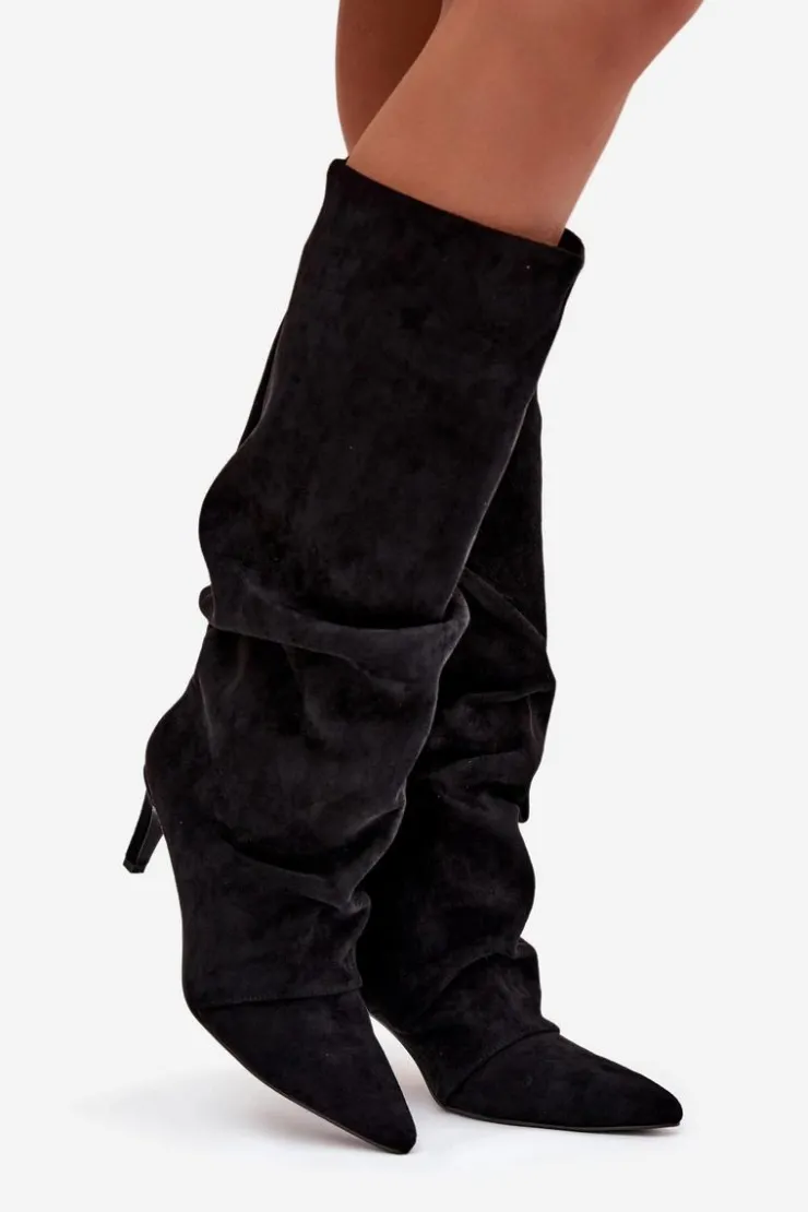 Damskie Boto Marszczone Kozaki Na Szpilce Z Eko Zamszu Ocieplane Czarne Mavella
