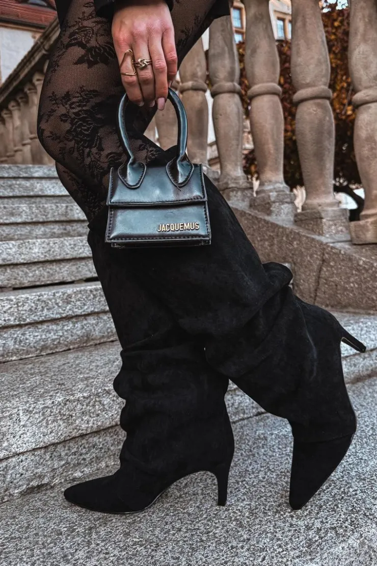 Damskie Boto Marszczone Kozaki Na Szpilce Z Eko Zamszu Ocieplane Czarne Mavella