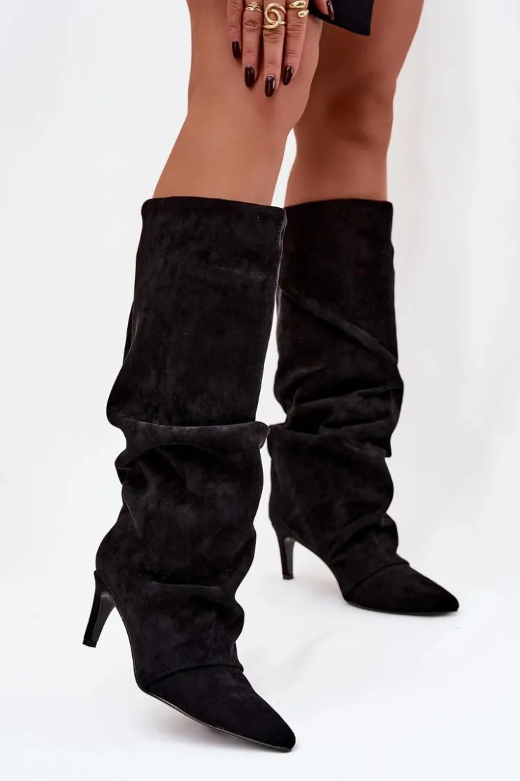Damskie Boto Marszczone Kozaki Na Szpilce Z Eko Zamszu Ocieplane Czarne Mavella