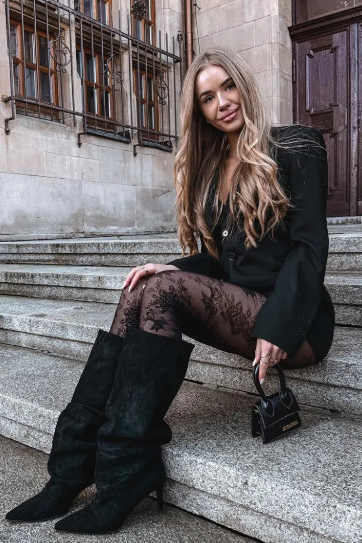 Damskie Boto Marszczone Kozaki Na Szpilce Z Eko Zamszu Ocieplane Czarne Mavella