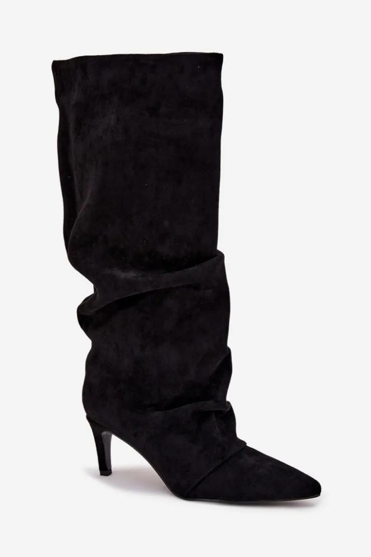 Damskie Boto Marszczone Kozaki Na Szpilce Z Eko Zamszu Ocieplane Czarne Mavella