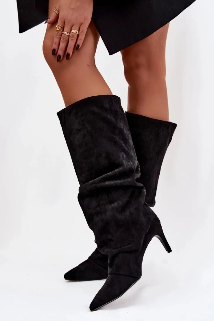 Damskie Boto Marszczone Kozaki Na Szpilce Z Eko Zamszu Ocieplane Czarne Mavella