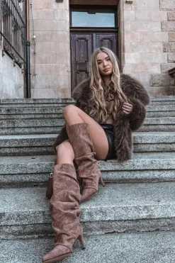 Boto Kozaki Ocieplane|Kozaki Na Szpilce*Marszczone Kozaki Na Szpilce Z Eko Zamszu Ocieplane Ciemnobeżowe Mavella Beżowy