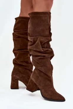 Zazoo Marszczone Kozaki Z Naturalnego Zamszu Na Słupku Ocieplane 4228 Brązowe Brązowy