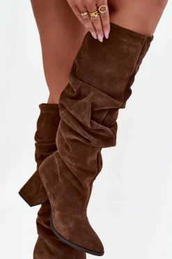 Zazoo Marszczone Kozaki Z Naturalnego Zamszu Na Słupku Ocieplane 4228 Brązowe Brązowy