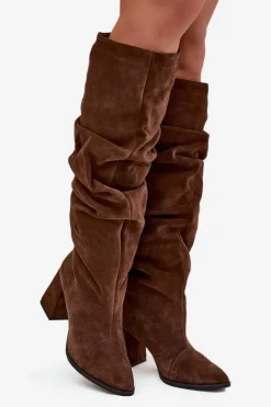 Zazoo Marszczone Kozaki Z Naturalnego Zamszu Na Słupku Ocieplane 4228 Brązowe Brązowy