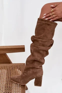 Zazoo Kozaki Ocieplane|Kozaki Na Słupku*Marszczone Kozaki Z Naturalnego Zamszu Na Słupku Ocieplane 4228 Jasnobrązowe Brązowy