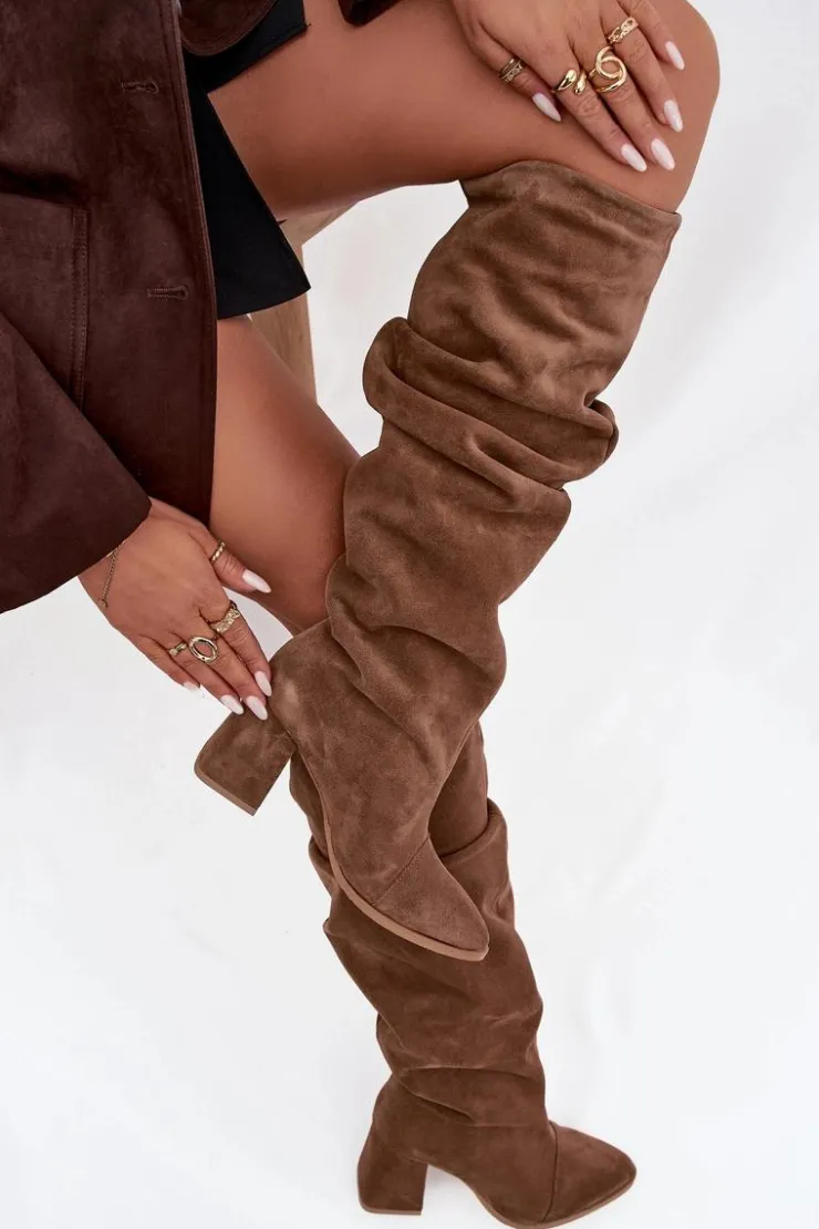 Zazoo Kozaki Ocieplane|Kozaki Na Słupku*Marszczone Kozaki Z Naturalnego Zamszu Na Słupku Ocieplane 4228 Jasnobrązowe Brązowy