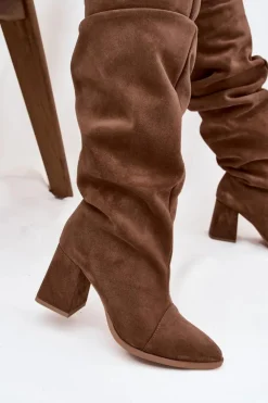 Zazoo Kozaki Ocieplane|Kozaki Na Słupku*Marszczone Kozaki Z Naturalnego Zamszu Na Słupku Ocieplane 4228 Jasnobrązowe Brązowy